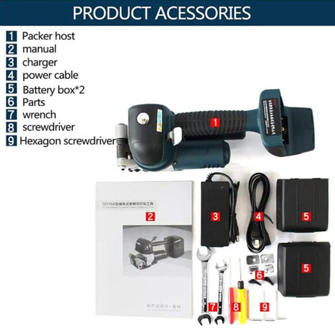Boss Level Handheld Electric Strapping Machine With 4000 Mah Battery Automatic Pp Pet Strap Welder accessories including manual and tools.