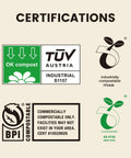 Compostable certifications including OK Compost, TUV Austria, and BPI for 13 Gallon Compostable Kitchen Trash Bags With Handles, 49.2L, 30 Count.