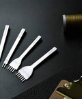 Leather Craft Hole Punch Set With 1, 2, 4, 6 Prongs For Lacing And Stitching 4mm Punches Carbon Steel Tools displayed on black surface.