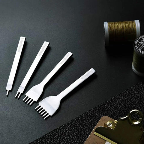 Leather Craft Hole Punch Set With 1, 2, 4, 6 Prongs For Lacing And Stitching 4mm Punches Carbon Steel Tools displayed on black surface.