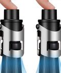 2 Pack Champagne Stoppers With Built In Vacuum Pump Black Keeps Bubbles Fresh and Fizzy, close-up of stoppers on bottles
