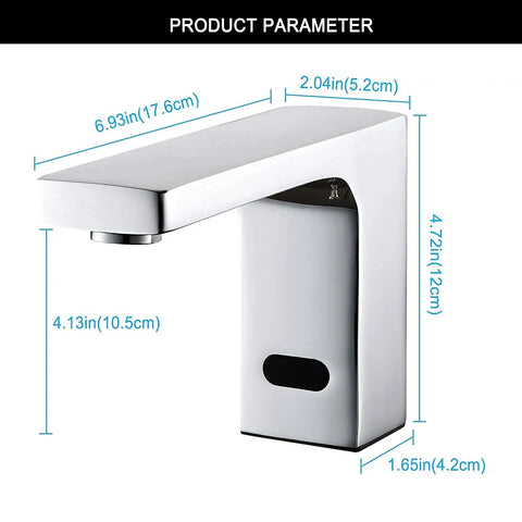 Electric Automatic Touchless Bathroom Sink Faucet With Hot And Cold Mixer, Chrome, dimensions labeled, sensor view