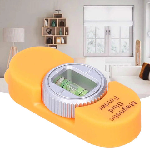 Aqur2020 Magnetic Stud Finder, Portable Wall Detector with Level Gauge (Orange) on a table in a modern living room.