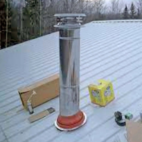 Red Silicone High Temperature Pipe Flashing With 11 Inch Square Base Fits 3 To 7 Inch Outside Diameter Pipe installed on metal roof