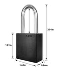 Close-up of a black aluminum padlock with dimensions, part of the Five Pack Outdoor Aluminum Padlock Set Weatherproof Heavy Duty Locks.