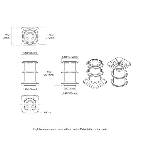 Technical drawing of Double Star Threaded Caster Inserts in Heat Treated Steel for 1-1/2 Inch Square Tubes 16-18 Gauge