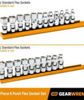 22 Piece 6 Point Flex Socket Set For 1/4 And 3/8 Drive displayed on orange rail; includes metric standard flex sockets