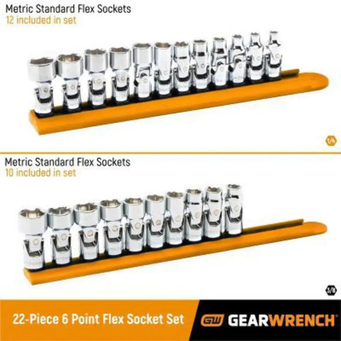 22 Piece 6 Point Flex Socket Set For 1/4 And 3/8 Drive displayed on orange rail; includes metric standard flex sockets