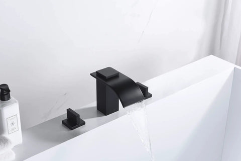 Matte Black Waterfall Tub Faucet Deck Mount Widespread Three Hole Bath Filler With Valve Solid Brass Valves High Flow Laminar Spout