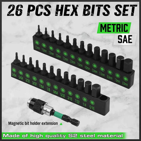 26 Piece Hex Head Allen Wrench Drill Bit Set With One Quarter Inch Hex Shank Quick Change Bit Holder, Includes Metric From 1.5mm To 8mm And SAE From Five Sixty Fourth Inch To Five Sixteenth Inch, Made From Durable S2 Steel For Heavy Duty Projects