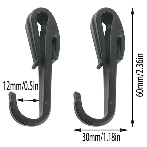 Ten Pack Elastic Cord Hooks Double Sided Plastic Rope Clips 60x30x12mm, black, durable, UV protected, wear resistant