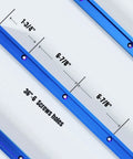 36 Inch Double Cut Profile Universal T Track for woodworking with pre-drilled mounting holes and screws, sapphire blue, top view