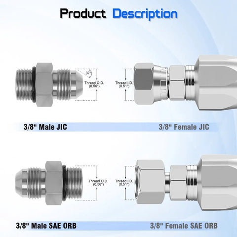 3/8 Inch JIC 37 Degree Male To 3/8 Inch SAE ORB Male Hydraulic Hose Connector Adapter Straight Fitting For Leak Free JIC To ORB Conversions Heavy Duty Universal Compatibility For Hydraulic Lines And Machinery, carbon steel