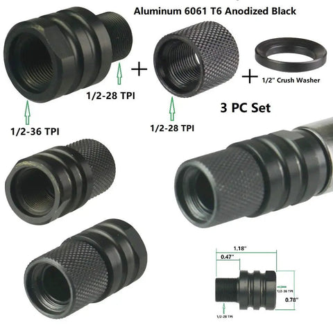Kick Ass Aluminum Thread Protector And Converter 1/2 Inch 36 To 28 TPI Adapter Matte Black Anodized 6061 Alloy 3 PC set