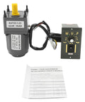 Front view of 15W 110V AC gear motor with 1:25 gear head, yellow output shaft and speed controller unit