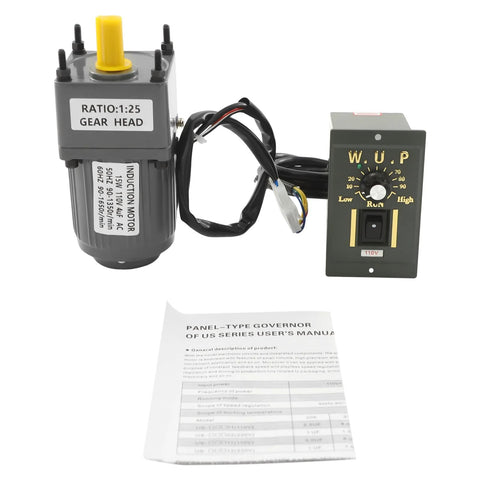 Front view of 15W 110V AC gear motor with 1:25 gear head, yellow output shaft and speed controller unit