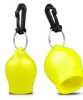 Yellow scuba regulator mouthpiece cover with clip and stainless steel ring for easy attachment.