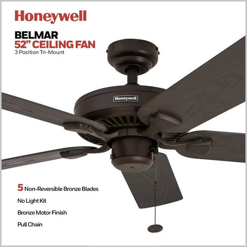 Belmar 52 Inch Ceiling Fan Without Light For Indoor Or Outdoor Use With Pull Chain Tri Mount Traditional 5 Blade Bronze ETL Wet Rated