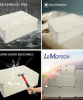 Heavy IP65 Waterproof Junction Box Universal Electrical Enclosure Built From ABS Plastic in pale gray, showing water-resistance and shock testing.
