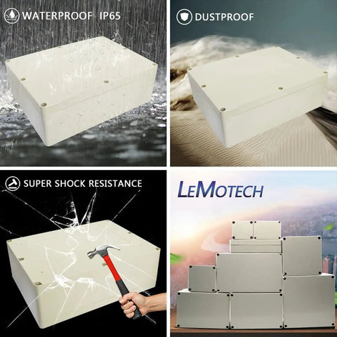 Heavy IP65 Waterproof Junction Box Universal Electrical Enclosure Built From ABS Plastic in pale gray, showing water-resistance and shock testing.