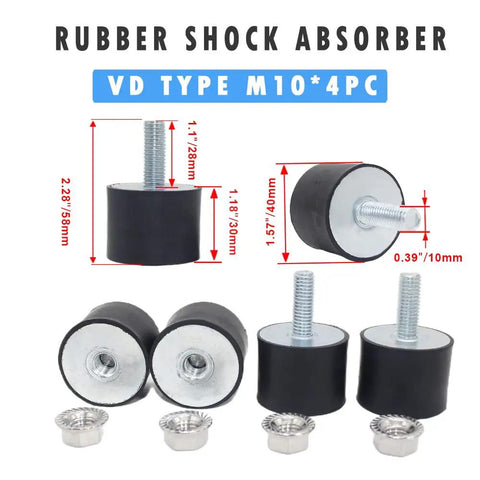 4 Pack M10 Rubber Vibration Isolator Mounts With Hex Lock Nuts showcased with dimensions and threaded design
