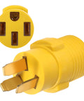 No Fuss Plug And Play Nema 10-50P To 14-50R Adapter Connector displaying yellow three pin male plug and four prong female receptacle.
