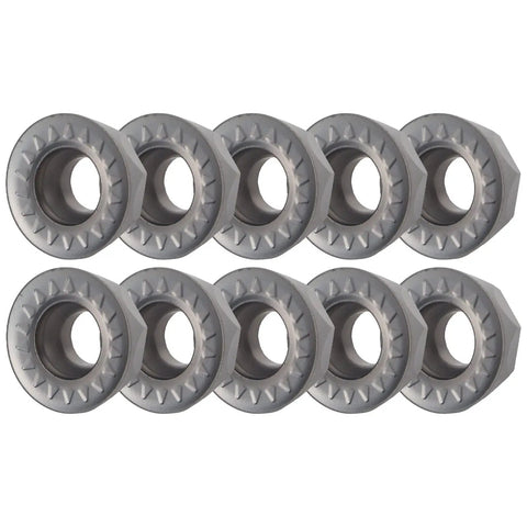 Ten-Piece Carbide Turning Inserts Set For CNC Lathe, Indexable Solid Carbide Inserts RPMT1204MOE-JS arranged in two rows.