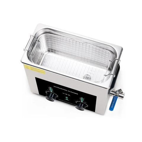Real Deal Six Point Five Liter Ultrasonic Cleaner With High Capacity Degas Chamber And Dual Cleaning Programs To Blast Away Stubborn Oil Or Wax Residue Straight Up Fast, showing stainless steel tank and controls.
