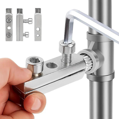 Close-up of multifunction broken pipe extractor set for damaged bolts, faucets, and stripped threads with hex wrench in use