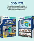 All In One Drywall Repair Kit With Wall Plate, Two Patch Compound Bags, Dual Grit Sanding Block And Trowel For Quick Hole Repair shown in packaging