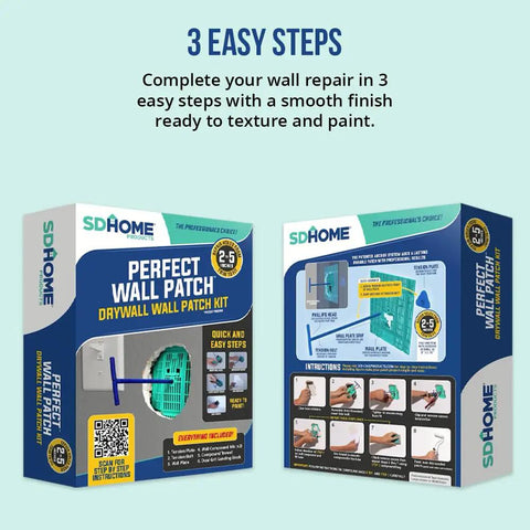 All In One Drywall Repair Kit With Wall Plate, Two Patch Compound Bags, Dual Grit Sanding Block And Trowel For Quick Hole Repair shown in packaging
