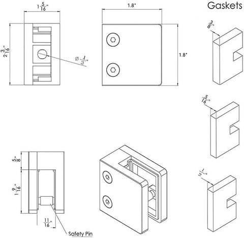 Technical drawing of Heavy Duty 316 Glass Clamps 8 Pack for 8-12mm Glass, showing dimensions and gasket details.