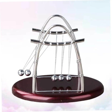 Newton's Cradle Pendulum Dynamics Learning Kit for Hands On Education and Large Desk Decor with five swinging balls on a wooden base