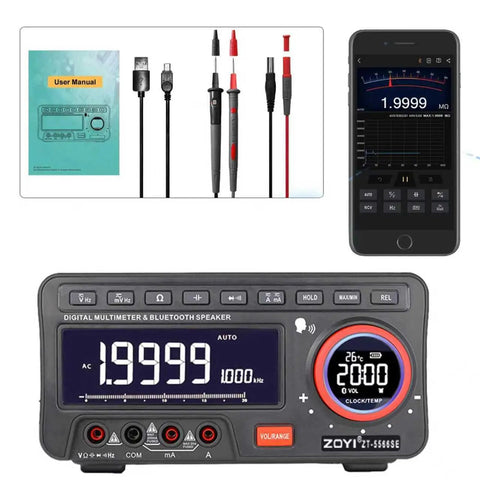 5566SE Digital Multimeter With Built In Bluetooth Speaker, AC DC Voltage Tester, display screen, probes, smartphone app