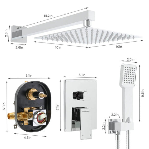 All In One Shower System With 10 Inch Chrome Rain Shower Head Square Wall Mounted Rainfall Set Includes Valve And Trim Kit Complete Faucet And Shower Combo For Modern Bathrooms