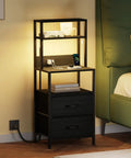Solid Tall Nightstand With Four Open Shelves And Two Fabric Drawers Ultimate Bedside Station Big Time Bedroom Storage Setup with LED light.