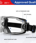 Side view of over glasses safety goggles with adjustable strap, ANSI Z87.1 certified, impact resistant, anti-UV lens.
