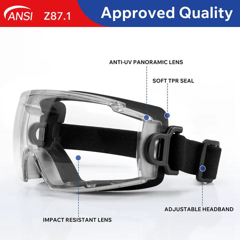 Side view of over glasses safety goggles with adjustable strap, ANSI Z87.1 certified, impact resistant, anti-UV lens.