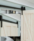 4ft Bi Folding Sliding Barn Door Hardware Kit For Two Doors Built Tough With Smooth Quiet Operation and Easy Install Carbon Steel With Matte Black Finish Corrosion and Rust Resistant Ideal For Home Office Garage Studio, door installed view.