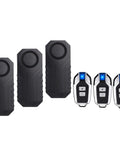 Three Pack Wireless Bike Alarm Anti Theft Burglar Sensor With 113dB Loud Siren IP65 Waterproof Vibration Detection, black units and remotes