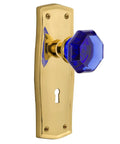 Prairie Plate Door Knob Set With Keyhole Passage And Waldorf Cobalt Knobs In Polished Brass, Solid Forged Brass Plates With Lead Crystal