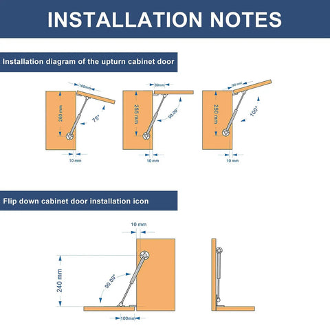 Installation diagram for 120N Heavy Duty Gas Strut Lift Support For Cabinets And Toy Boxes 10 Inch Hydraulic Gas Spring.