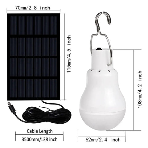 Portable Solar Light Bulb 350LM LED Lantern For Camping, USB Rechargeable, solar panel, cable, and hook shown