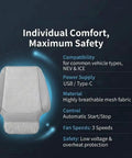 USB Cooling Car Seat Pad For Chevrolet Volt Bolt EV EUV Blazer EV With Strong Airflow And Super Breathable Mesh showing features like material and power supply.