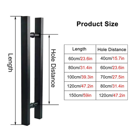 Stainless Steel Square Door Handle Set With Durable Finish And 60cm/23.6in Options, size guide with hole distance chart
