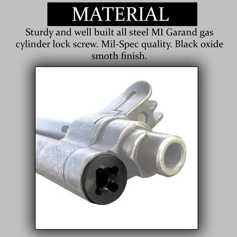 Heavy Duty Black Steel Gas Cylinder Screw For M1 Garand Rifle with rock solid lock plug, showing black oxide finish and mil-spec quality.