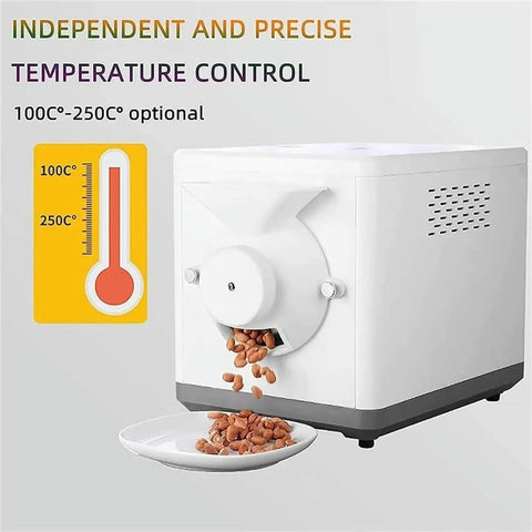 Electric Coffee Roaster Machine With Adjustable Temp And Timer Non Stick Stir Fry Drum 1600W showing temperature gauge and beans being roasted.