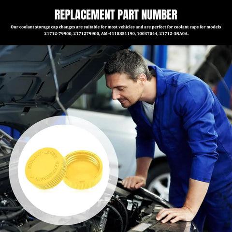 Mechanic inspecting engine with two-pack radiator coolant reservoir cap set for Infiniti and Nissan OEM 21712 79900 shown.
