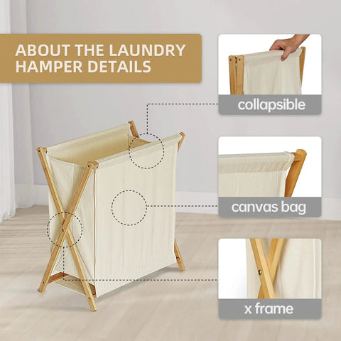 Collapsible Bamboo Wood Laundry Hamper With X Frame Foldable Laundry Basket And Linen Canvas Bag Handy No Fuss Clothes Sorter