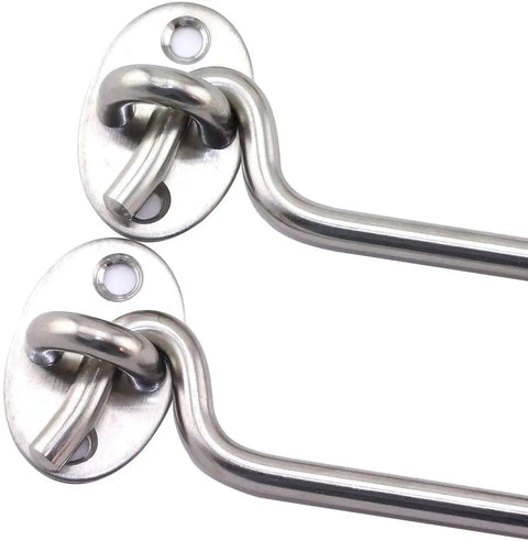 Two stainless steel hooks from 2 Pack 8 Inch Cabin Hook Eye Latch Set For Doors And Gates Stainless Steel Windproof Lock Gate Door Window Safety Stopper With Mounting Screws And Hardware Heavy Duty Durable For Indoor Outdoor Use.
